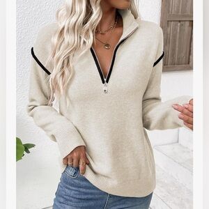 Evaless off white  Quarter Zip Pullover sweater with Colorblock Trim- XL